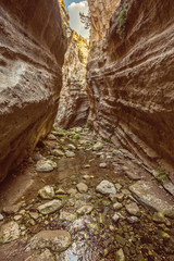 Avakas Gorge in Cyprus. Little river in foreground, sunlit rocks
