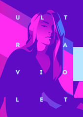 Fashion portrait of a model girl and neon light. Ultraviolet trendy colors poster or flyer.