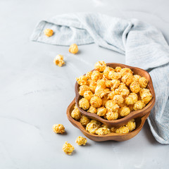 Sweet caramel popcorn for party or cinema at home