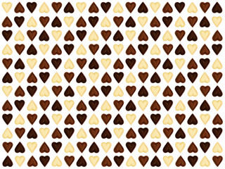 Heart-shaped chocolates isolated on the white background, seamless pattern. White, milky and dark chocolate. Top view. Sweet heart candy, background for Valentine's Day. Romantic symbol