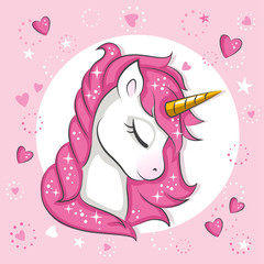 Cute little pink  magical unicorn. Vector design on white background. Print for t-shirt. Romantic hand drawing illustration for children.