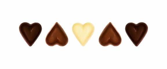 Heart-shaped chocolates isolated on the white background. White, milky and dark chocolate. Top view. Sweet heart candy background for Valentine's Day. Romantic symbol