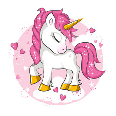 Cute little pink  magical unicorn. Vector design on white background. Print for t-shirt. Romantic hand drawing illustration for children. - 192318082