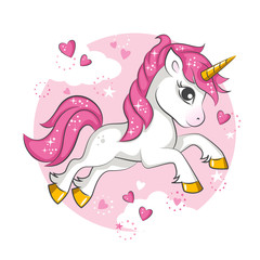 Cute little pink  magical unicorn. Vector design on white background. Print for t-shirt. Romantic hand drawing illustration for children. - 192318091