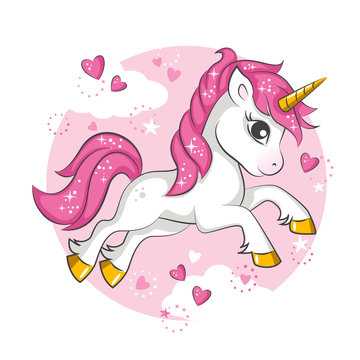Fototapeta Cute little pink  magical unicorn. Vector design on white background. Print for t-shirt. Romantic hand drawing illustration for children.