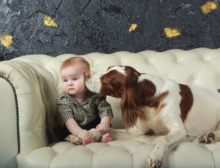 big dog kisses  little boy on cheek