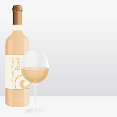 Rosé wine bottle and wine glass. Vector marketing background. Virtual french brand name.