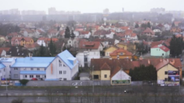 A wintry view private bilding winter snowy day in slow motion