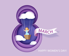 Card for 8 March womens day. Woman in basket of air ballon shaped as cloud. Abstract background with text and flowers .Vector illustration. Paper cut and craft style.