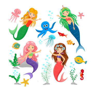 Cute cartoon mermaids and sea animal set. Octopus, jellyfish, seahorse, alga, starfish and mermaids isolated on white background