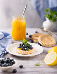 Homemade shortbread tartlet with lemon curd and fresh blueberries on white wooden background. Holiday food concept with copy space.