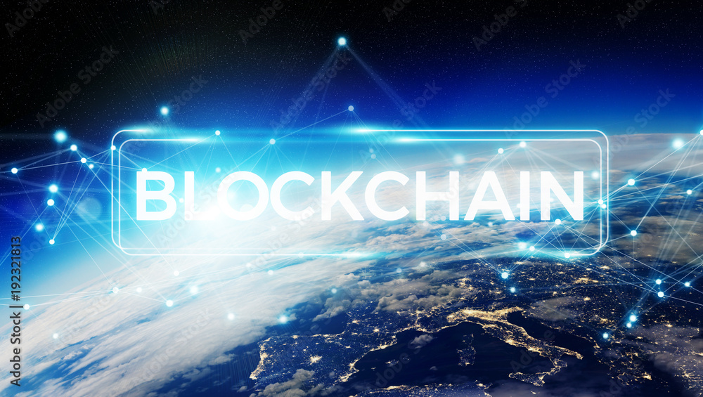 Aufkleber blockchain on planet earth 3d rendering