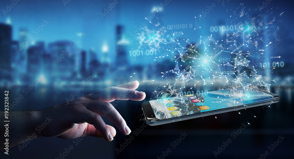 Aufkleber businessman using digital binary code on mobile phone 3d rendering