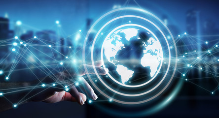 Businessman using planet earth network sphere 3D rendering