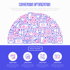 Conversion optimization concept in half circle with thin line icons: marketing, customer management, SEO technology, website promotion, sales funnel, web traffic. Modern vector illustration.