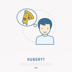 Man thinking about pizza thin line icon. Modern vector illustration