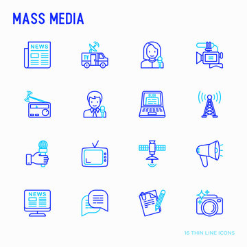 Mass media thin line icons set: journalist, newspaper, article, blog, report, radio, internet, interview, video, photo. Modern vector illustration.