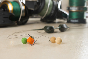 Baits, hooks, sinkers, reels, is preparing for carp fishing. Copy paste