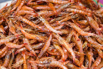 Grilled shrimps seafood on the table in market of Bangkok Thailand 