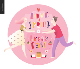 Love, spring, breakfast Lettering composition and a couple running towards to each other