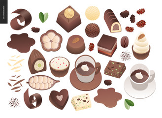 Love spring chocolate - set of dark and white chocolate crisp bonbons and bars, choclate chips, coffee and cacao beans and leaves