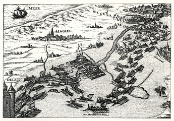 Naklejka premium Relief of Leiden by the geuzen on 3 October 1574; copper engraving by Hogenberg (from Spamers Illustrierte Weltgeschichte, 1894, 5[1], 615)