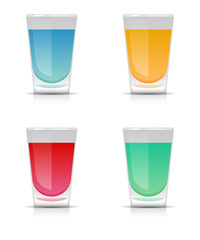 Set of four stylized glasses with colored beverages