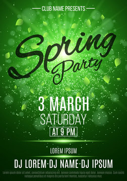 Flyer for a spring party. Bright flash of light. Flying leaves. Invitation card in night club. The names of the club and DJ. Luminous dust, glitters. Vector illustration