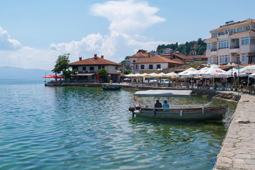 Fototapeta na wymiar Outdoor dining areas on the shores of Lake Ohrid in Macedonia