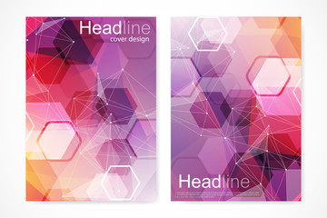 Scientific brochure design template. Vector flyer layout, Molecular structure with connected lines and dots. Scientific pattern atom DNA with elements for magazine, leaflet, cover, poster design.