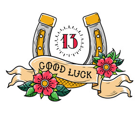 Tattoo gold horseshoe with flowers, mystical number 13 and ribbon with lettering Good Luck.