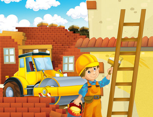 cartoon scene with construction site - worker doing some job - illustration for children