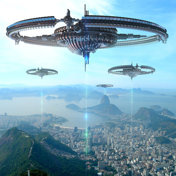 3D Illustration of futuristic energy source spacecrafts in Rio De Janeiro