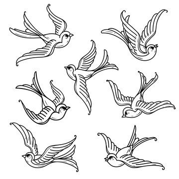 Set of flying bluebirds. Free birds.Symbol of hope