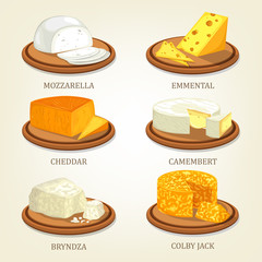 Set of isolated chunks of cheese on plates