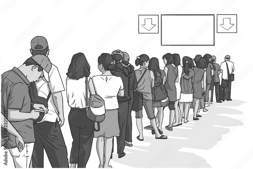 Wall mural Illustration of crowd of people standing in line with blank sign in perspective