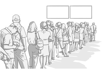 Illustration of crowd of people standing in line whit blank sign in perspective