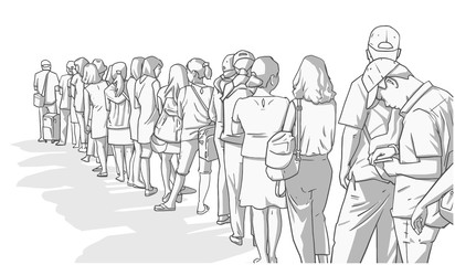 Illustration of crowd of people standing in line in perspective