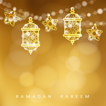 Islamic greeting card. Garlands with oriental arabic lanterns, stars and lights. Golden vector illustration background, invitation for muslim holy month Ramadan Kareem.
