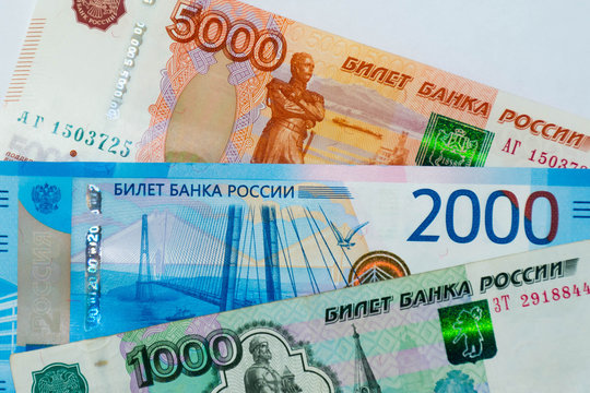 Russian Banknotes Worth 1000, 2000 And 5000 Rubles