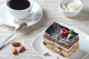 Delicious dessert cake with chocolate cream