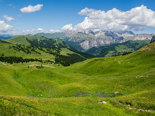 Fototapeta na wymiar July Alpine view from the Sella Pass in the Dolomites, South Tyrol, Italy