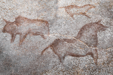 images of ancient animals on the wall of the cave, made by an ancient human ocher. stone Age. archeology. history of antiquities.