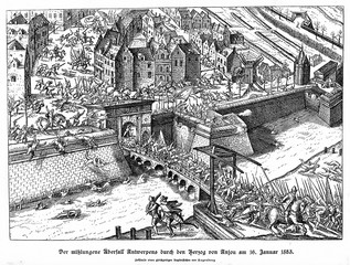 French Fury - unsuccessful attack on Antwerp by Francis, Duke of Anjou, January 16, 1583, copper engraving of Hogenberg (from Spamers Illustrierte Weltgeschichte, 1894, 5[1], 632/633)