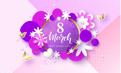 8 March Happy Womens Day Festive Card. Beautiful Background with flowers and butterflies. Vector Illustration.