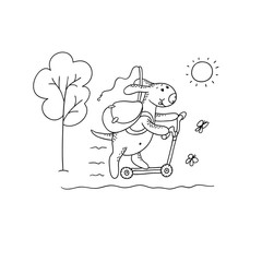 Vector black-white sketch funny cartoon puppy. Character dog rides a scooter with a backpack and a fishing rod. A walk for outdoor recreation. Illustration for design calendar, card.