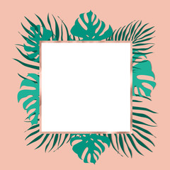Fototapeta na wymiar Trendy Tropical Leaves frame with rose gold decorative color. Trendy luxury nude background color.