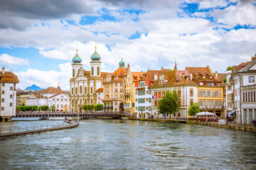 Fototapeta premium Cityscape of Lucerne and Jesuit church in Luzern, Switzerland