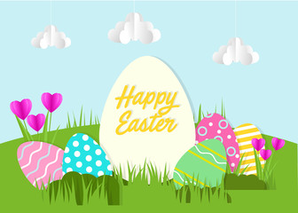 Fototapeta na wymiar Happy Easter greeting card. A realistic vector image that simulates paper cut