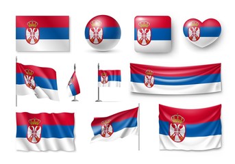 Set Serbia flags, banners, banners, symbols, flat icon. Vector illustration of collection of national symbols on various objects and state signs